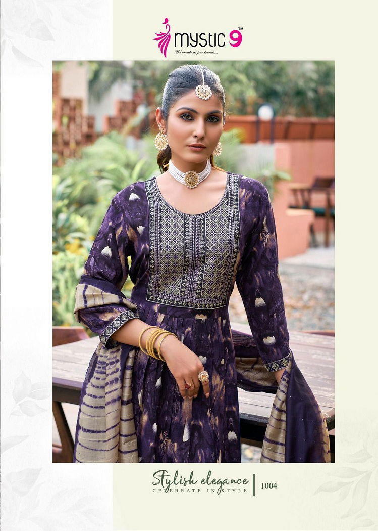 Shanaya Vol 1 By Mystic 9 Rayon Neck Embroidery Kurti With Bottom Dupatta Wholesale Online